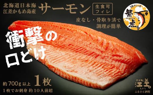 北海道江差町のふるさと納税 ＼配送時期指定可／北海道産 サーモン フィレ 生食用 700g以上 皮なし・骨取り済 半身分　1枚でお刺身10人前分くらい　日本海 かもめ島海面養殖　純国産 ブランドサーモン『江さしっ子 繁虎』　衝撃の口どけ　とろける脂　生食可　冷凍　トラウトサーモン　刺身　サーモンステーキ　カルパッチョ　海鮮　鮭　さけ　シャケ　しゃけ　さーもん