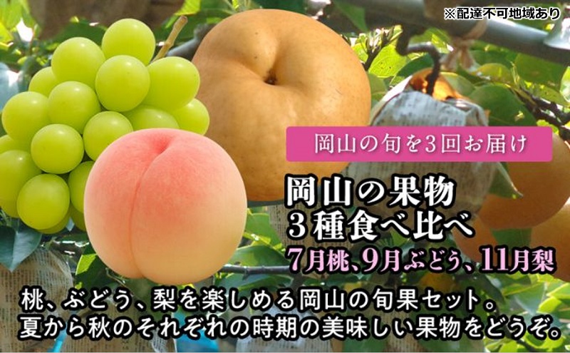 【2026年度発送】岡山の果物 3種 食べ比べ  3回 お届け 定期便 （7月桃・9月ぶどう・11月梨） もも モモ ブドウ 葡萄 梨 なし ナシ 岡山県産 国産 フルーツ 果物