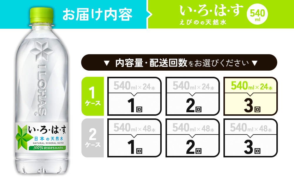 【3回定期便】いろはす 天然水 540ml(500ml + 40ml)PET【コカ・コーラ】 ペットボトル 1箱 (24本) 定期便 3回(72本)ミネラルウォーター ナチュラルミネラルウォーター 飲料水 飲料 鉱水 常温 防災 災害 備蓄 備蓄品 ローリングストック キャンプ アウトドア ギフト 国産 九州 宮崎県 えびの市 送料無料