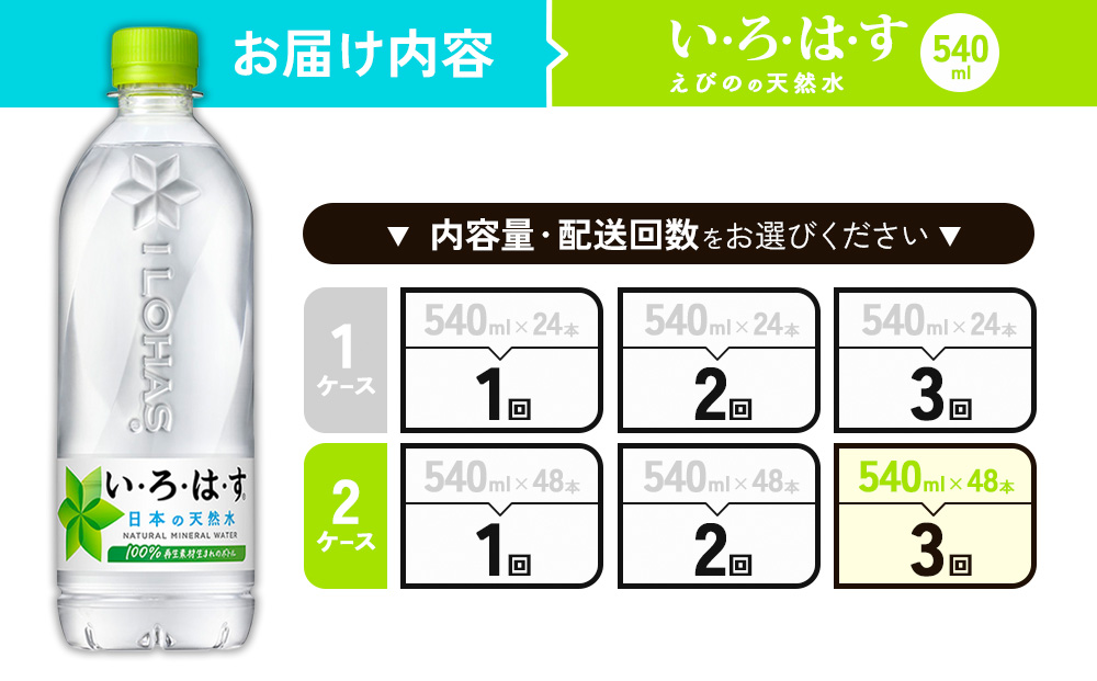 【3回定期便】いろはす 天然水 540ml(500ml + 40ml)PET【コカ・コーラ】 ペットボトル 2箱 (48本) 定期便 3回(144本)ミネラルウォーター ナチュラルミネラルウォーター 飲料水 飲料 鉱水 常温 防災 災害 備蓄 備蓄品 ローリングストック キャンプ アウトドア ギフト 国産 九州 宮崎県 えびの市 送料無料
