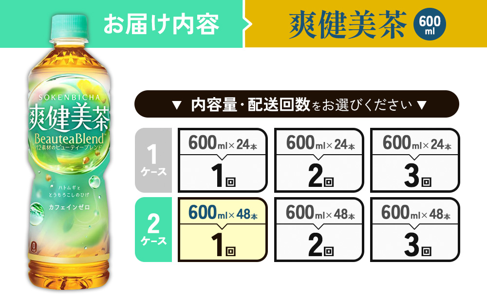 爽健美茶 600ml PET【コカ・コーラ】ペットボトル 2ケース(48本) 定期便 セット お茶 カフェインゼロ ノンカフェイン ハトムギ ブレンド茶 宮崎県 えびの市 送料無料