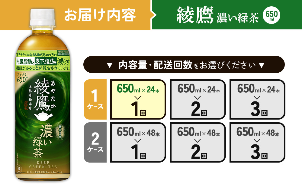 綾鷹 濃い緑茶 650ml PET【コカ・コーラ】ペットボトル 1ケース(24本) セット お茶 緑茶 抹茶 日本茶 茶葉 カテキン 内臓脂肪 皮下脂肪 健康 機能性表示食品 宮崎県 えびの市 送料無料