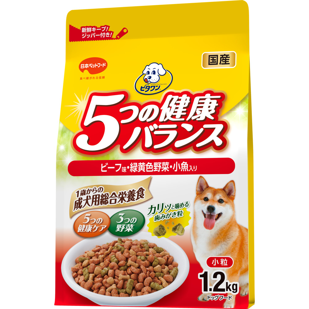 【静岡県袋井市】ビタワン 5つの健康バランス ビーフ味・野菜入り 小粒 1.2kg x9(ケース単位) ドッグフード