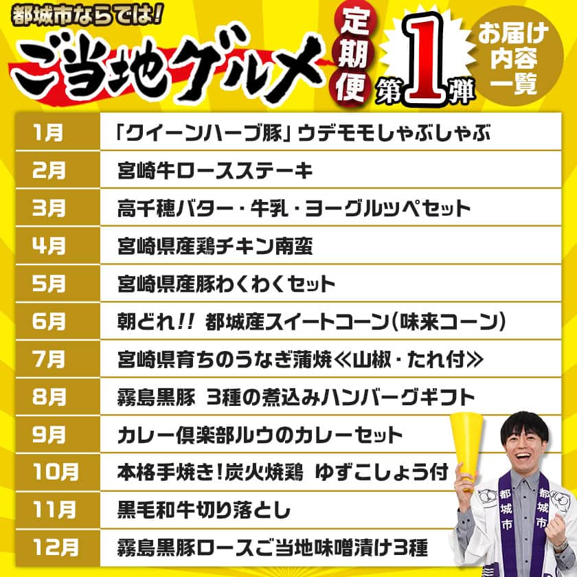 宮崎県都城市のふるさと納税 【セレクト定期便】第1弾☆都城市ご当地グルメ定期便(12ヶ月)≪2026年お届け≫_T156-MY01