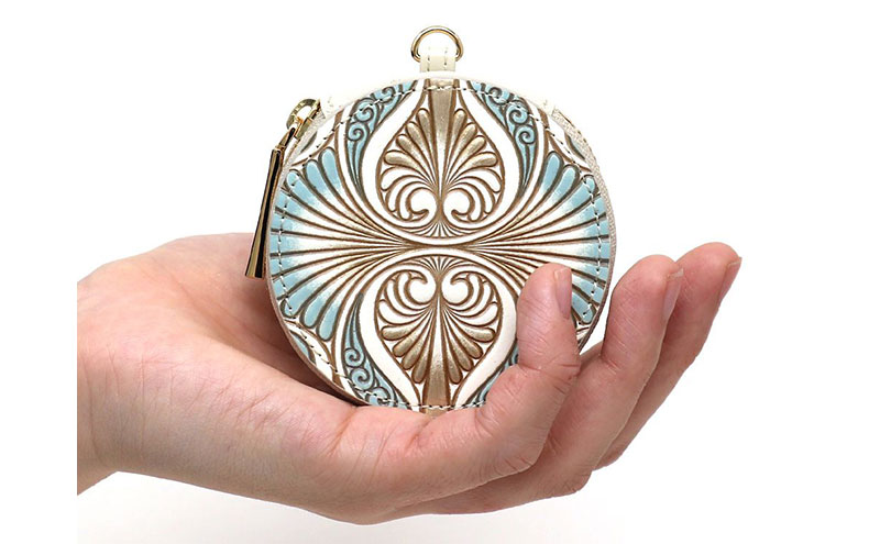 【文庫屋大関】マカロンポーチ ロカイユ＜ブルーグレー＞【皮革工芸品】 ポーチ ミニポーチ 小物入れ アクセサリー入れ イヤホン入れ 収納 保管ケース 手のひらサイズ  本革 革 皮革 工芸品 工芸 雑貨 ギフト プレゼント 日本製 東京