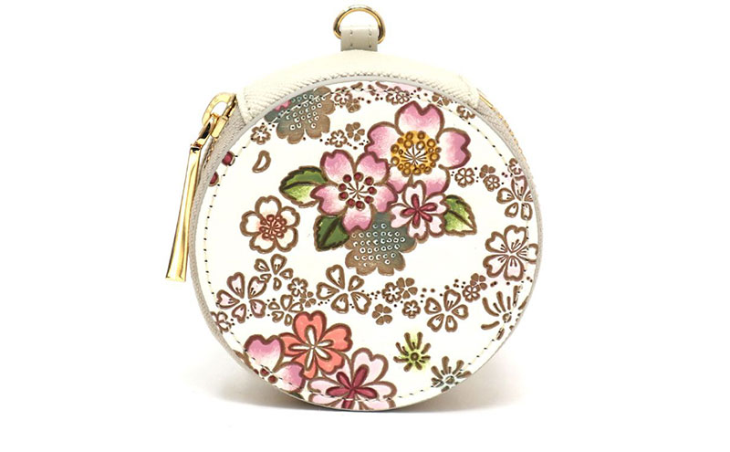 【文庫屋大関】マカロンポーチ かすみ桜【皮革工芸品】 ポーチ ミニポーチ 小物入れ アクセサリー入れ イヤホン入れ 収納 保管ケース 手のひらサイズ  本革 革 皮革 工芸品 工芸 雑貨 ギフト プレゼント 日本製 東京