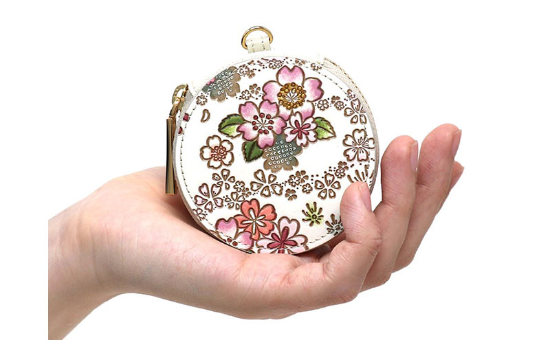【文庫屋大関】マカロンポーチ かすみ桜【皮革工芸品】 ポーチ ミニポーチ 小物入れ アクセサリー入れ イヤホン入れ 収納 保管ケース 手のひらサイズ  本革 革 皮革 工芸品 工芸 雑貨 ギフト プレゼント 日本製 東京