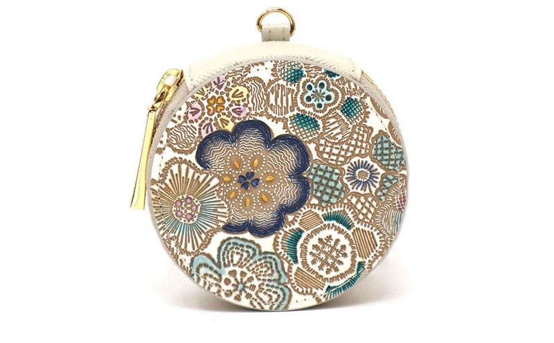 【文庫屋大関】マカロンポーチ 春らんまん＜瑠璃＞【皮革工芸品】 ポーチ ミニポーチ 小物入れ アクセサリー入れ イヤホン入れ 収納 保管ケース 手のひらサイズ  本革 革 皮革 工芸品 工芸 雑貨 ギフト プレゼント 日本製 東京