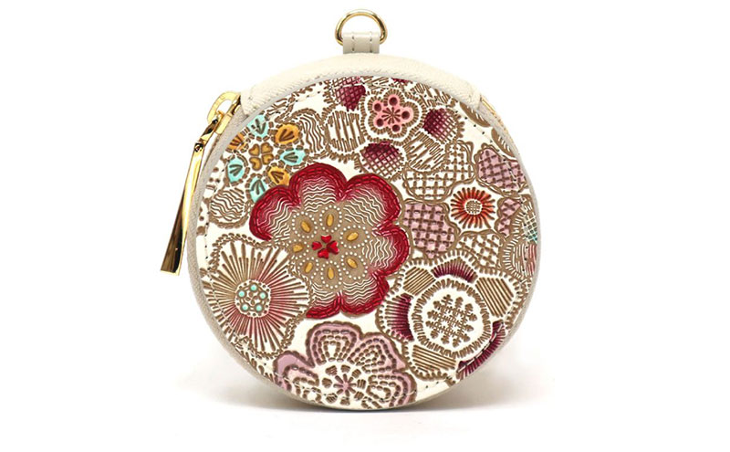 【文庫屋大関】マカロンポーチ 春らんまん＜茜＞【皮革工芸品】 ポーチ ミニポーチ 小物入れ アクセサリー入れ イヤホン入れ 収納 保管ケース 手のひらサイズ  本革 革 皮革 工芸品 工芸 雑貨 ギフト プレゼント 日本製 東京