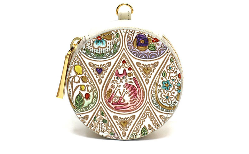 【文庫屋大関】マカロンポーチ 花と猫＜ミックス＞【皮革工芸品】 ポーチ ミニポーチ 小物入れ アクセサリー入れ イヤホン入れ 収納 保管ケース 手のひらサイズ  本革 革 皮革 工芸品 工芸 雑貨 ギフト プレゼント 日本製 東京