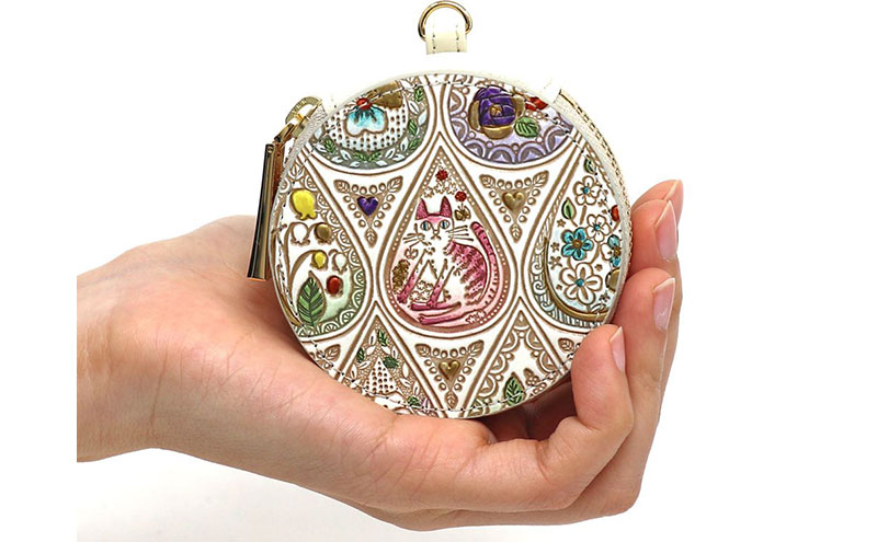 【文庫屋大関】マカロンポーチ 花と猫＜ミックス＞【皮革工芸品】 ポーチ ミニポーチ 小物入れ アクセサリー入れ イヤホン入れ 収納 保管ケース 手のひらサイズ  本革 革 皮革 工芸品 工芸 雑貨 ギフト プレゼント 日本製 東京