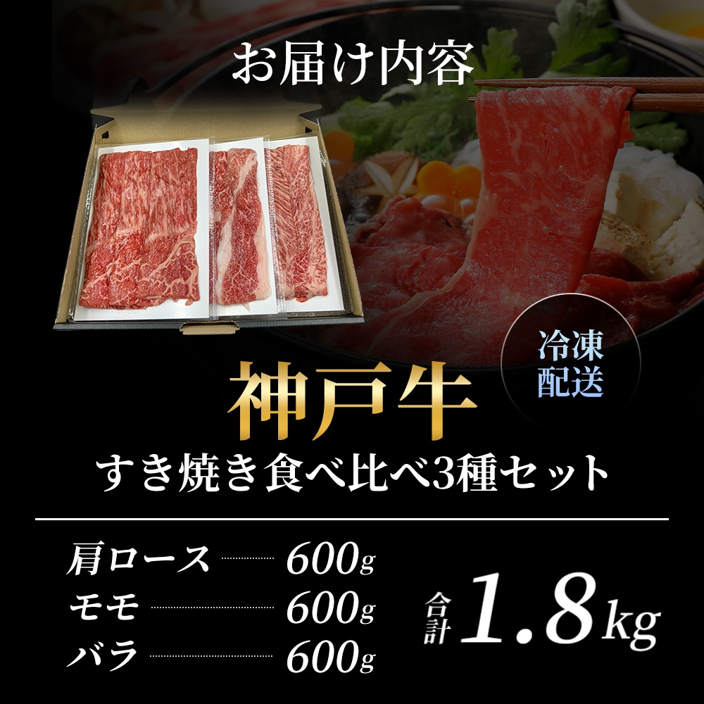 数量限定 特別寄附額 神戸牛 すき焼き 計1800g 1.8kg 600g×3種 すき焼き肉 肩ロース モモ バラ 食べ比べ 黒毛和牛 帝神志方