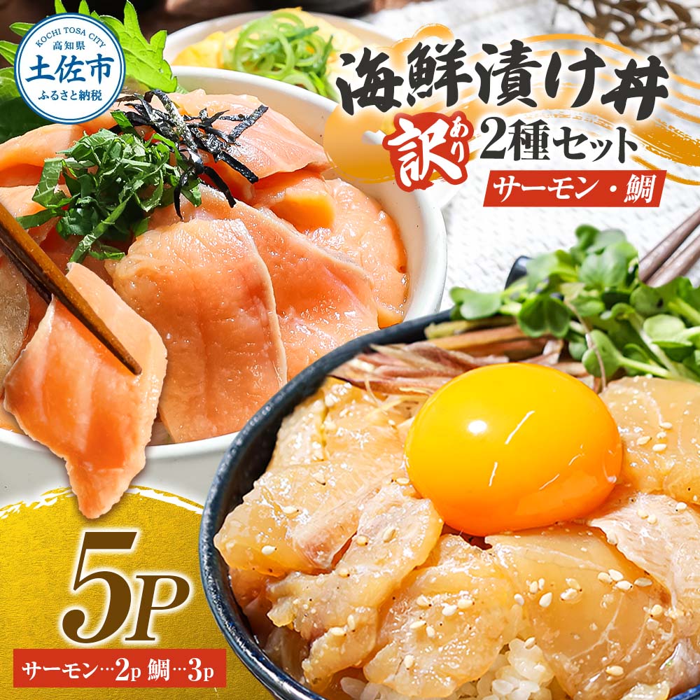 【高知県土佐市】訳あり 海鮮漬け丼 タイ3P・サーモン2Pセット 1袋60g 真鯛 タイ サーモン 詰め合わせ お茶漬け 醤油 漬け 食べ比べ おつまみ 惣菜 鯛茶漬け 魚介類 海鮮 新鮮 天然 美味しい 活き締め 冷凍 配送