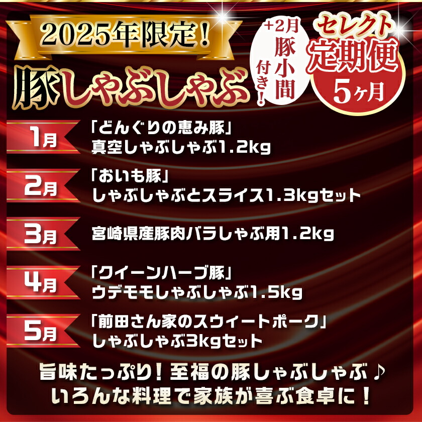 宮崎県都城市のふるさと納税 【セレクト定期便】☆豚しゃぶしゃぶ+2月豚小間付き☆定期便(5ヶ月)≪2026年お届け≫_T62-MY02