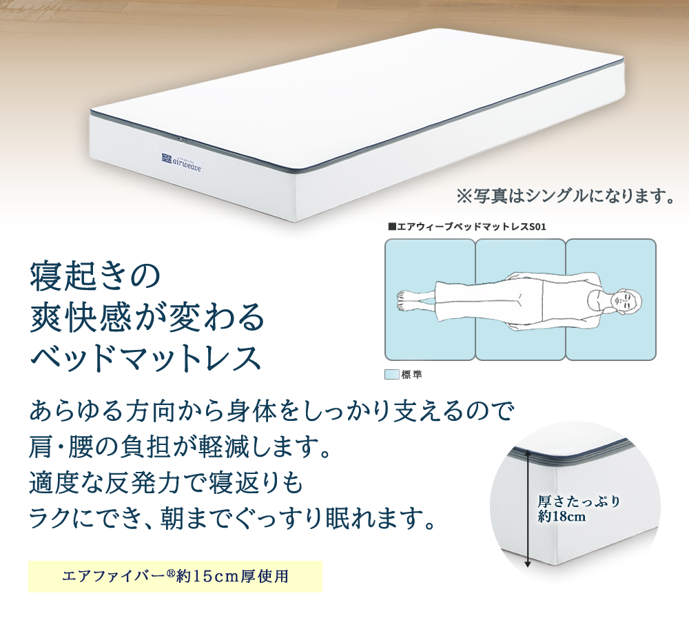 エアウィーヴ ベッドマットレス S01 ダブル 寝具  ベッドマットレス  ベット マットレス サイズ オールシーズン対応 ぐっすり 安眠 快眠 健康 高反発 腰 肩 熟睡 寝心地 新生活 洗濯可 送料無料 体圧分散 大人気 日本製 国産 妊婦 赤ちゃん ペット 