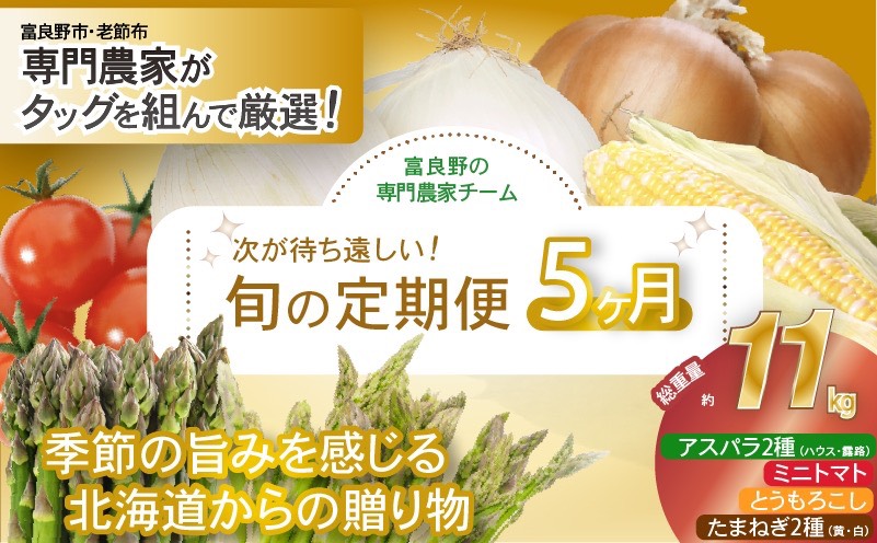 【2026年発送】全5回 富良野 専門農家が選ぶ 旬の贅沢 定期便 北海道 富良野市 老節布 野菜 アスパラ ハウス 露地 ミニトマト とうもろこし スイートコーン 玉ねぎ たまねぎ 玉葱 甘い