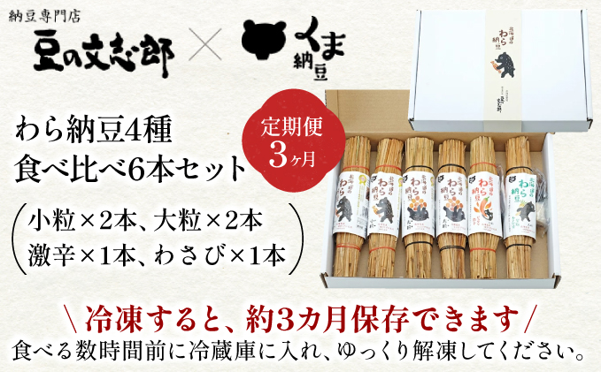 北海道のわら納豆 4種食べ比べ6本セット たれ付き（3ヶ月定期便）