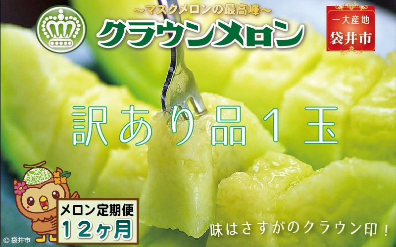 【静岡県袋井市】【12ヶ月定期便】クラウンメロン(訳あり)1玉入 メロン デザート グルメ 果物 フルーツ 季節の果物 スイーツ 袋井市 静岡県