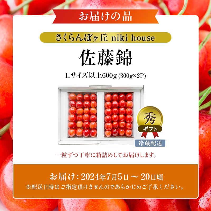北海道仁木町のふるさと納税 [先行受付] さくらんぼ  佐藤錦 さくらんぼ Lサイズ以上 600g（300g×2パック）化粧箱入 サクランボ チェリー フルーツ 果物 果物類 贈答品 ギフト 北海道 仁木町 仁木 [小林信幸]