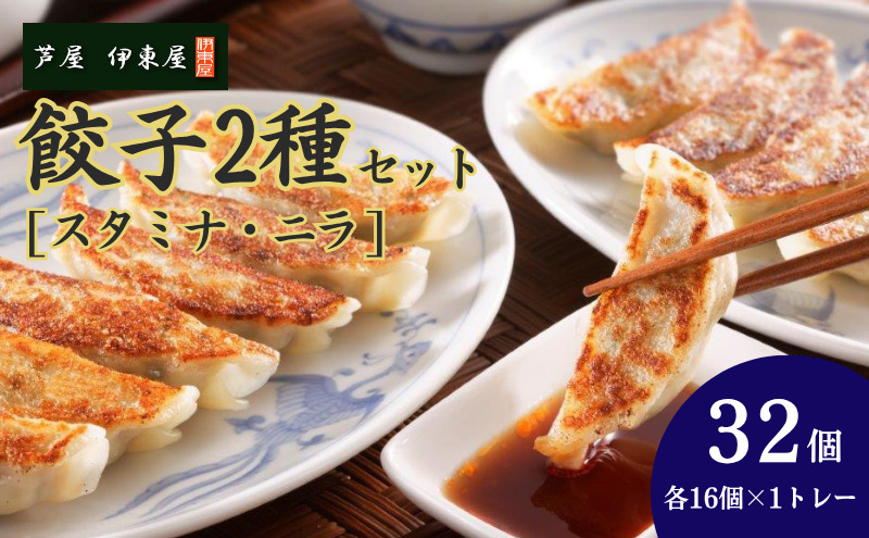 芦屋 伊東屋 謹製 スタミナ餃子 ニラ餃子 2種セット [16個×2種](醤油タレ 付き)[餃子 ぎょうざ ギョーザ 中華 点心 惣菜 おかず おつまみ 冷凍総菜 ジューシー 国産豚 豚肉 生ニラ もちもち皮 肉汁 たっぷり 冷凍 イトー屋 お取り寄せ ギフト お中元 お歳暮]