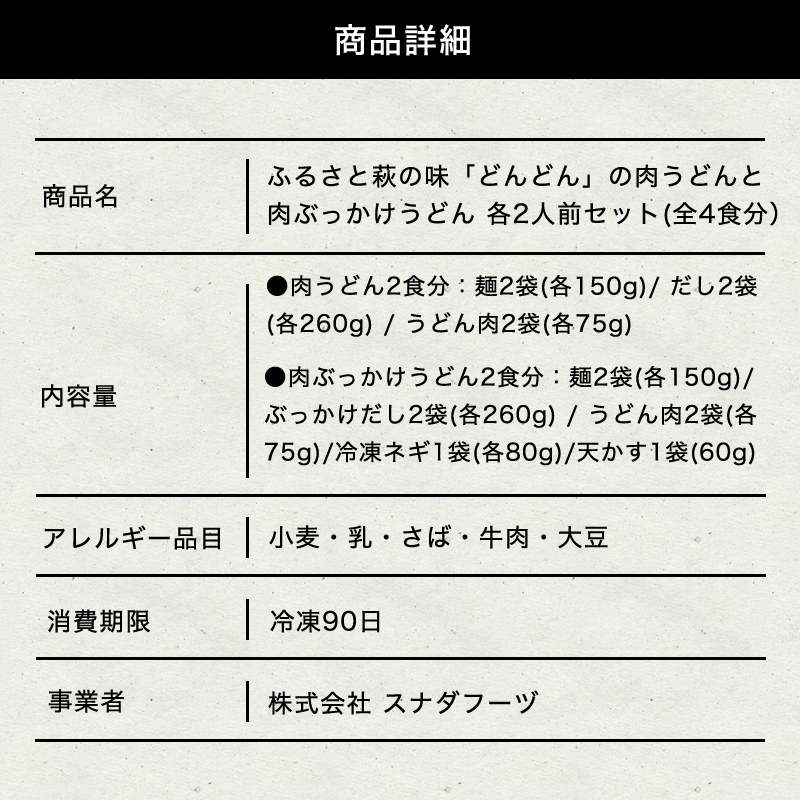 山口県萩市のふるさと納税 ふるさと萩の味「どんどん」の肉うどんと肉ぶっかけうどん各2人前セット（全4食分）　｜HG000582-B