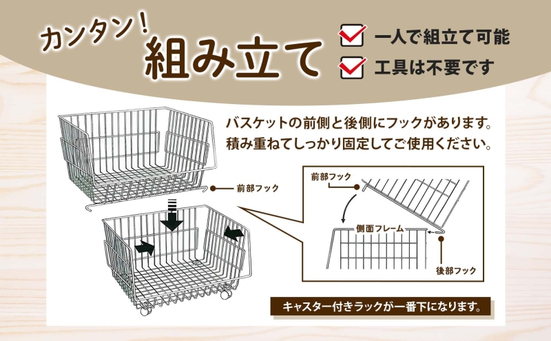 4段 バスケットラック バスケット 50 幅51cm 奥行40cm 高さ26cm×4段  キャスター付き 四段ワゴン ランドリー クローゼット 衣類収納 ステラ金属 岐阜県 安八町