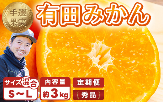 【和歌山県美浜町】【まごころ手選別】【3ヶ月定期便】有田みかん 秀品 約3kg(S〜Lサイズ混合)※2025年11月上旬頃から1カ月に1回(計3回)発送