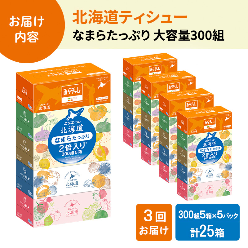 定期便 3ヵ月連続お届け エリエール ハーフサイズ 収納に便利 コンパクト 少量5パック [アソートX] 北海道ティシュー 300組 5箱×5パック 計25箱 なまらたっぷり 大容量  防災 常備品 備蓄品 消耗品 日用品
