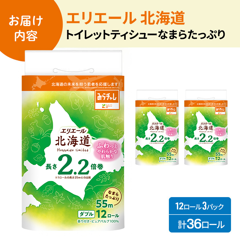 エリエール ハーフサイズ 収納に便利 コンパクト 少量3パック [アソートY] 北海道 トイレット ダブル 55m 12ロール 3パック なまらたっぷり 2.2倍巻 トイレットペーパー 大容量 まとめ買い 防災 常備品 備蓄品 消耗品