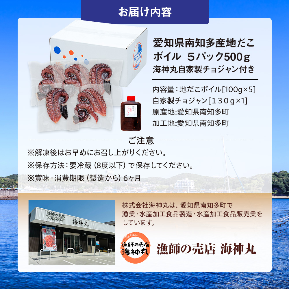 地だこボイル ５パック (100g×5) 冷凍 たこ 海鮮 海産物 たこ飯 たこ焼き アヒージョ たこ唐揚げ おつまみ お酒 ご飯 おかず 自家製チョジャン付き おすすめ 人気 愛知県 南知多町