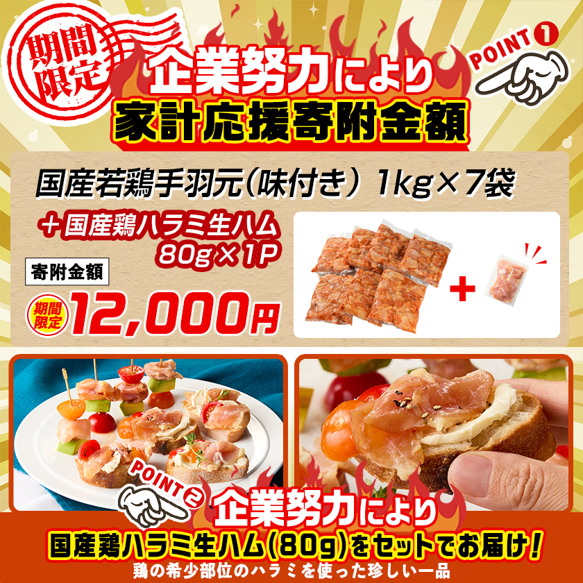 宮崎県都城市のふるさと納税 家計応援キャンペーン!【訳あり】簡単調理!国産若鶏味付手羽元1kg×7袋+生ハム80g_12-L904-CP