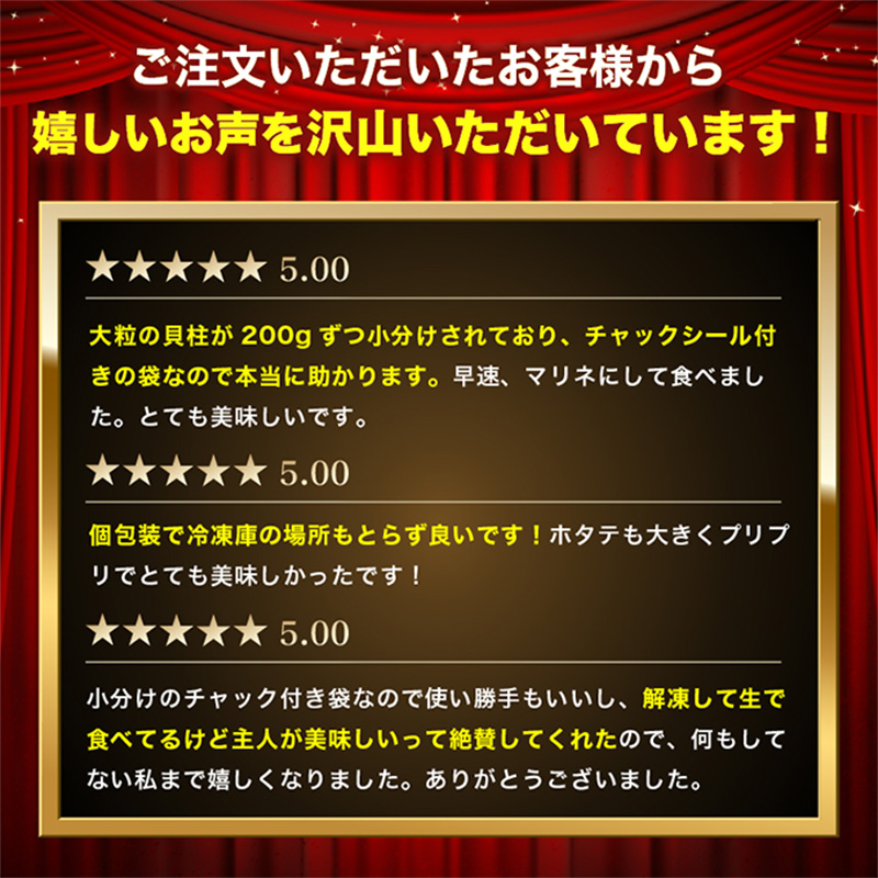 北海道枝幸町のふるさと納税 小分けで便利！枝幸ほたて冷凍貝柱 400g(200g×2) 三興水産 【 刺身 魚介 帆立 超目玉 急速冷凍 自然解凍 生食可 食べ切りサイズ 北海道 オホーツク 枝幸 】