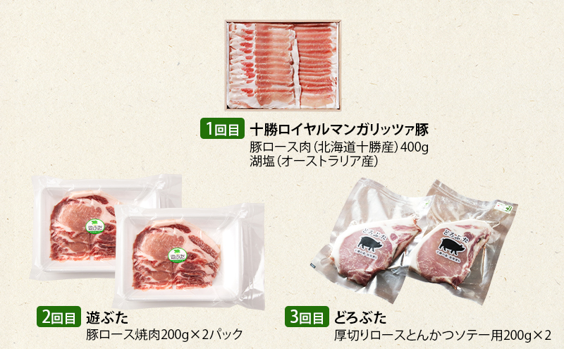 北海道 十勝 幕別のブランド放牧豚 食べ比べ定期便 [ロース/全3回] マンガリッツァ豚・どろぶた・遊ぶた【 豚 豚肉 ブランド 放牧 しゃぶしゃぶ 焼肉 厚切り スライス ロース バラ 冷凍 モモ ロース 詰合せ 幕別 】