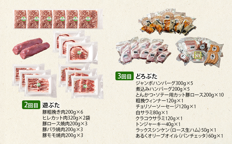 北海道 十勝 幕別のブランド放牧豚 食べ比べ定期便 [豪華満喫/全3回]マンガリッツァ豚・遊ぶた・どろぶた【 豚 豚肉 ブランド 放牧 しゃぶしゃぶ 焼肉 ハンバーグ ソーセージ 厚切り スライス ロース バラ 冷凍 モモ ロース 詰合せ 幕別 】