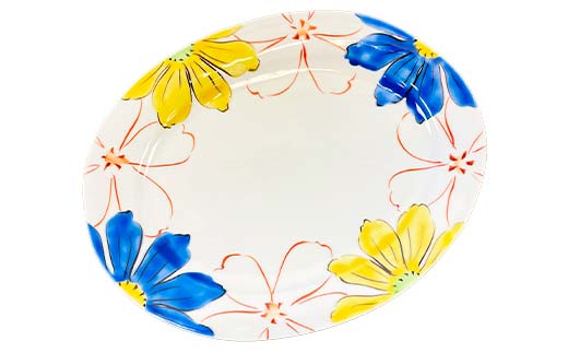 九谷焼 楕円ペア皿 彩花 2枚1組 伝統 色絵磁器 九谷五彩 手描き 一点もの インテリア 食器 皿 F6P-2865