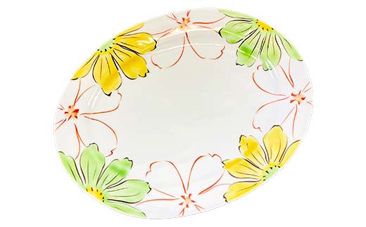 九谷焼 楕円ペア皿 彩花 2枚1組 伝統 色絵磁器 九谷五彩 手描き 一点もの インテリア 食器 皿 F6P-2865