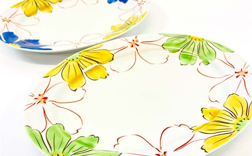 九谷焼 楕円ペア皿 彩花 2枚1組 伝統 色絵磁器 九谷五彩 手描き 一点もの インテリア 食器 皿 F6P-2865