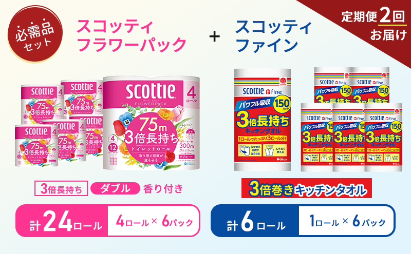 【6ヶ月ごと計2回お届け】キッチンペーパー 6パック入 スコッティ ファイン 1ロール 3倍 150カット トイレットペーパー ダブル スコッティ3倍長持ち 4ロール×6パック フラワーパック 香り付き 長持ち 防災 災害 日用品 生活用品 生活必需品