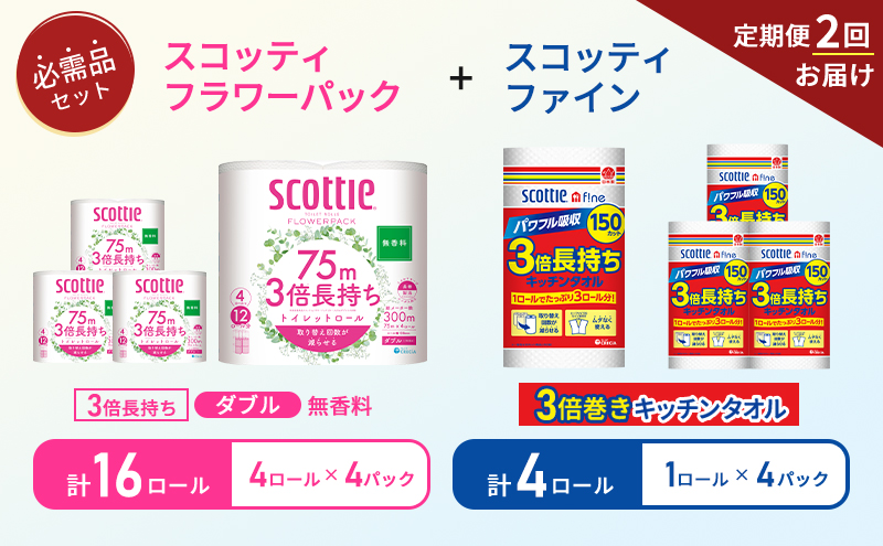 【6ヶ月ごと計2回お届け】キッチンペーパー 4パック入 スコッティ ファイン 1ロール 3倍 150カット トイレットペーパー ダブル 3倍 長持ち 4ロール入×4パック スコッティ フラワーパック 無香料 長持ち 防災 災害 日用品 生活用品 生活必需品