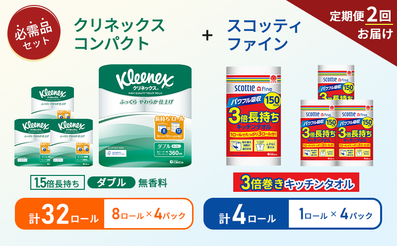 【6ヶ月ごと計2回お届け】キッチンペーパー 4パック入 スコッティ ファイン 1ロール 3倍 150カット トイレットペーパー ダブル 1.5 倍巻き 8ロール入×4パック クリネックス コンパクト 無香料 長持ち 防災 災害 日用品 生活用品 生活必需品