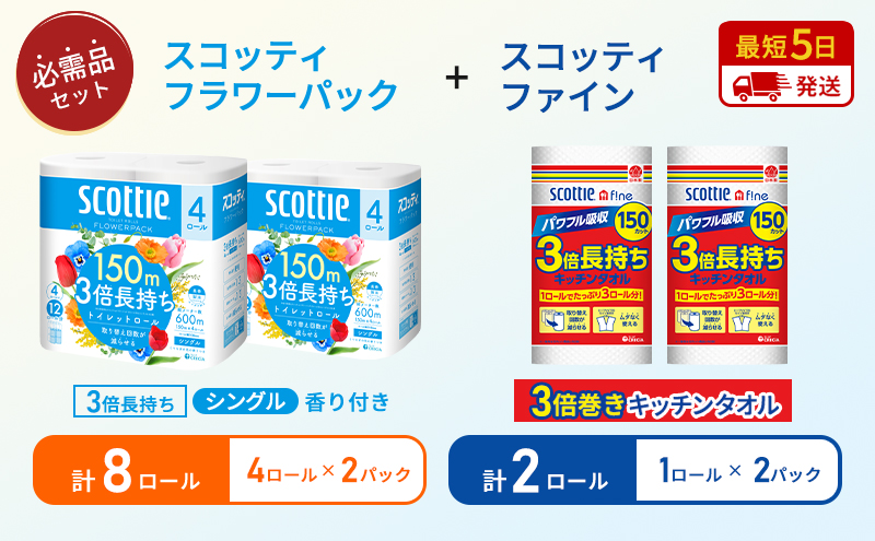 【岩沼市オリジナル】キッチンペーパー 2パック入 スコッティ ファイン 1ロール 3倍 150カット トイレットペーパー シングル フラワーパック 3倍長持ち 8ロール (4ロール×2パック) 香り付き 長持ち 防災 災害 日用品 生活用品 生活必需品