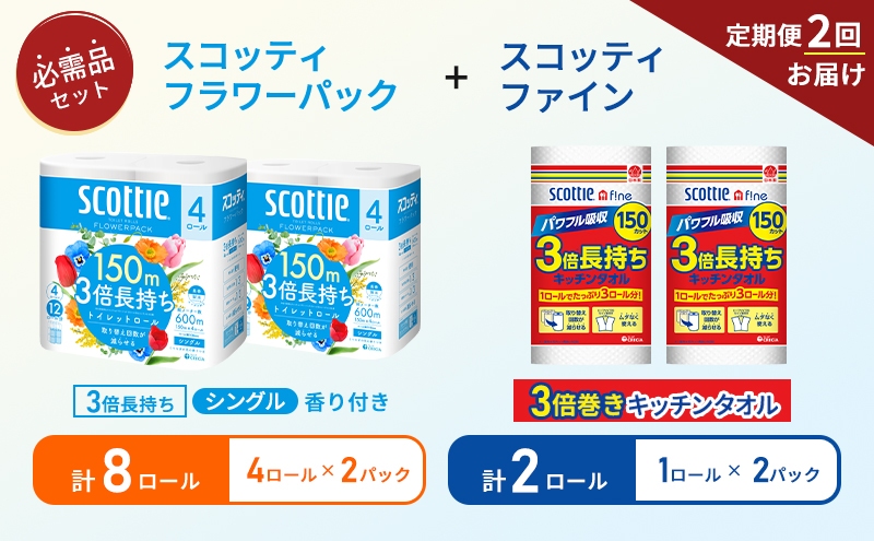【6ヶ月ごと計2回お届け】キッチンペーパー 2パック入 スコッティ ファイン 1ロール 3倍 150カット トイレットペーパー シングル フラワーパック 3倍長持ち 8ロール (4ロール×2パック) 香り付き 長持ち 防災 災害 日用品 生活用品 生活必需品