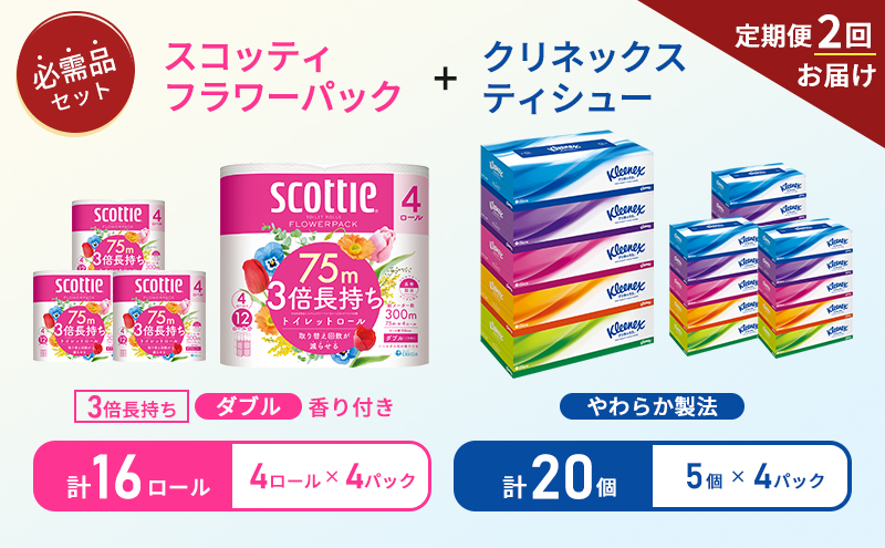 【6ヶ月ごと計2回お届け】ティッシュ クリネックス ティシュー 5箱入×4パック トイレットペーパー ダブル 3倍 長持ち 4ロール入×4パック スコッティ フラワーパック 香り付き 長持ち 防災 災害 日用品 生活用品 生活必需品