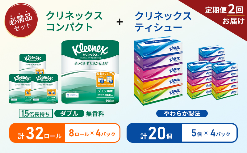 【6ヶ月ごと計2回お届け】ティッシュ クリネックス ティシュー 5箱入×4パック トイレットペーパー ダブル 1.5 倍巻き 8ロール入×4パック クリネックス コンパクト 無香料 長持ち 防災 災害 日用品 生活用品 生活必需品