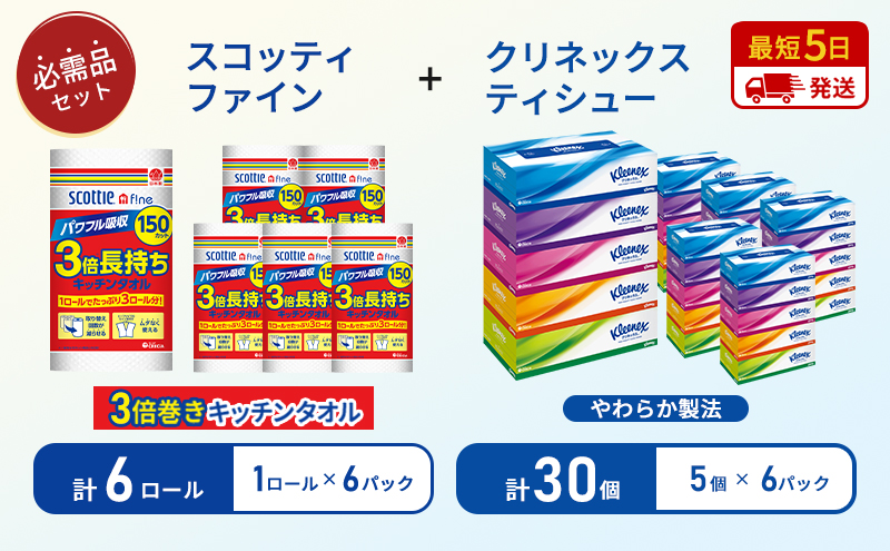 【岩沼市オリジナル】ティッシュ クリネックス ティシュー 5箱入×6パック キッチンペーパー 6パック入 キッチンタオル スコッティ ファイン 1 ロール 3倍 150カット 長持ち 防災 災害 日用品 生活用品 生活必需品