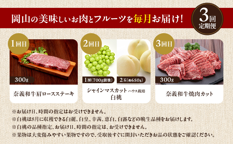お肉とフルーツ 定期便 3回 コース 2026年 先行予約 桃 もも モモ ぶどう 葡萄 ブドウ シャインマスカット 果物 フルーツ なぎビーフ 肉 お肉 牛肉 牛 和牛 国産 岡山 赤磐市