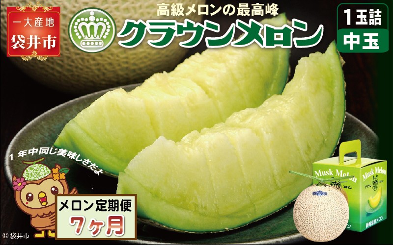 【7ヶ月定期便】クラウンメロン（白等級）中玉　1玉入 　果物 フルーツ デザート メロン マスクメロン 青肉 高級 ギフト 贈り物 静岡県産 袋井市