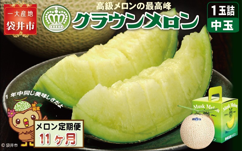 【11ヶ月定期便】クラウンメロン（白等級）中玉　1玉入 　果物 フルーツ デザート メロン マスクメロン 青肉 高級 ギフト 贈り物 静岡県産 袋井市