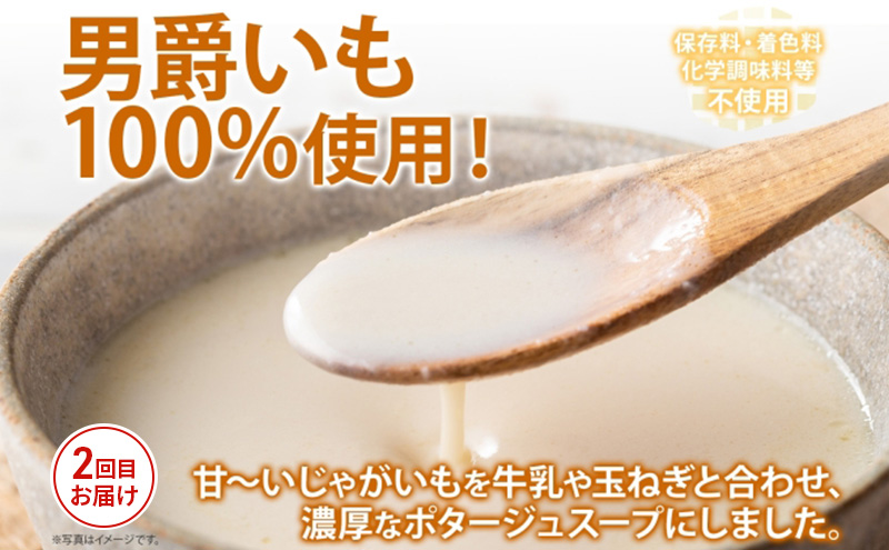 全4回 お届け 定期便 全4回 雪の下育ちのくっちゃんポテトスープ とうもろこし アスパラガス グリーン ホワイト 2種 ゆきだるま ジンギスカン 送料無料 北の百貨 しりべしや ニセコ 北海道 倶知安町 加工食品 惣菜