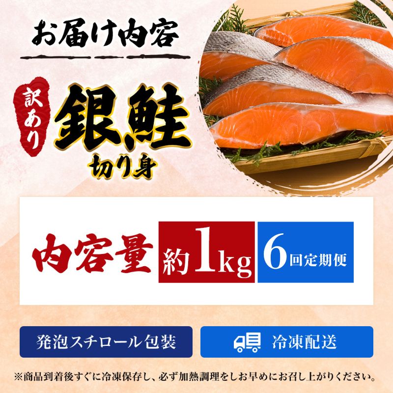 【6か月連続定期便】訳あり 銀鮭 切り身 1kg セット 詰め合わせ 銀シャケ 切身 鮭 サケ シャケ 鮭の切り身 規格外 不揃い 魚 魚介 魚介類 海鮮 海鮮セット 魚の切り身 鮭切身 冷凍 ご飯のお供 ごはんのお供 家庭用 訳アリ 宮城 宮城県 岩沼市